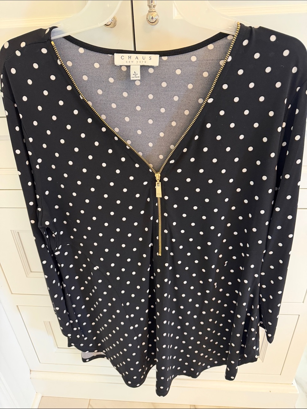 Chaus Black Polka Dot Zip-Front Long Sleeve Top with working zipper